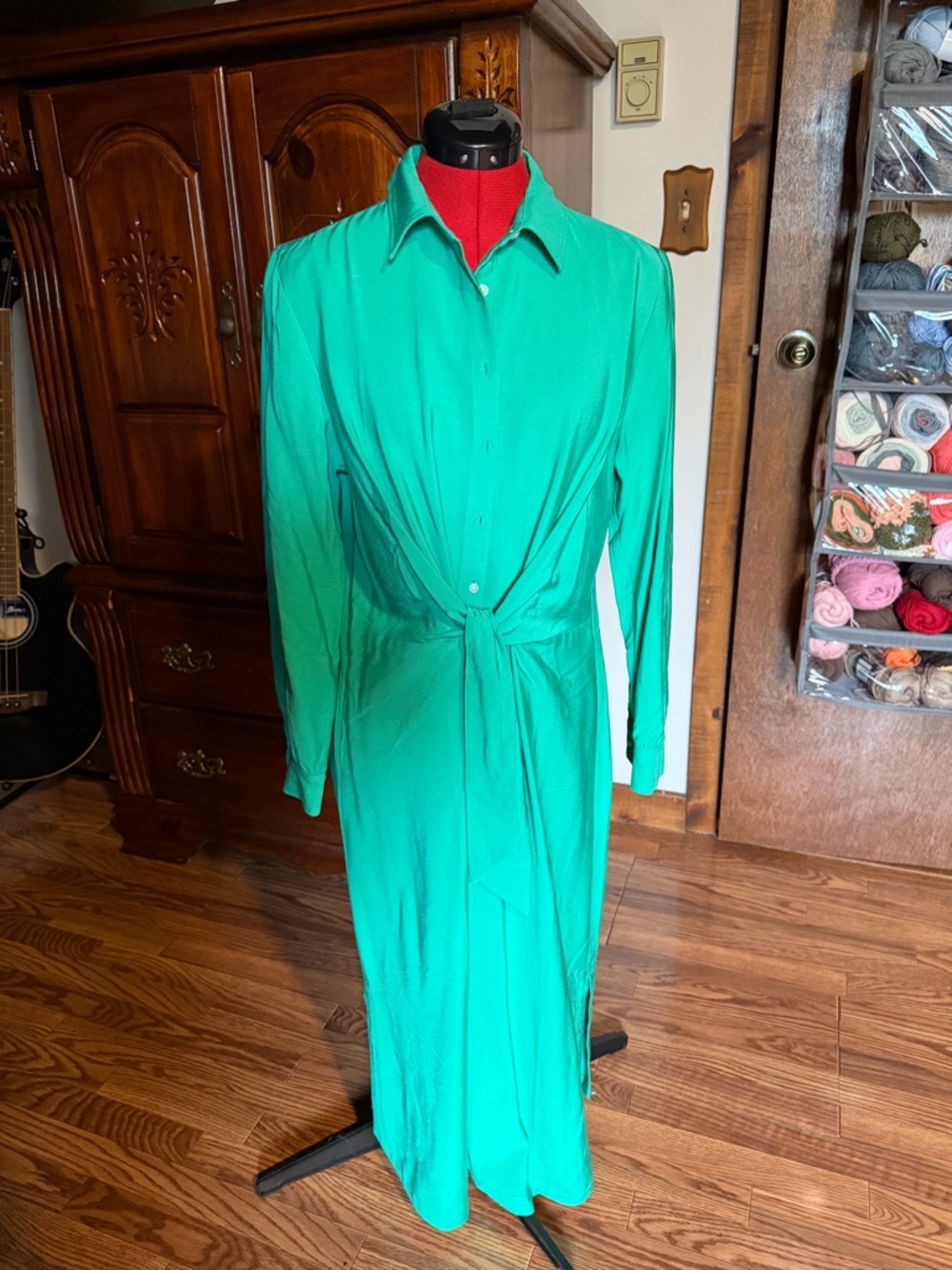 LOFT Emerald Green Long Sleeve Tie-Waist Shirt Dress